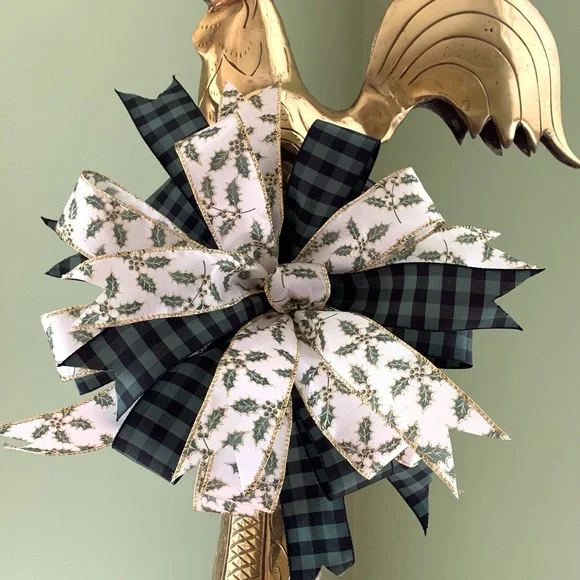 Christmas Wreath Bow, Farmhouse Christmas Bow, Green and Gold Christmas Bow, - Picture 1 of 5